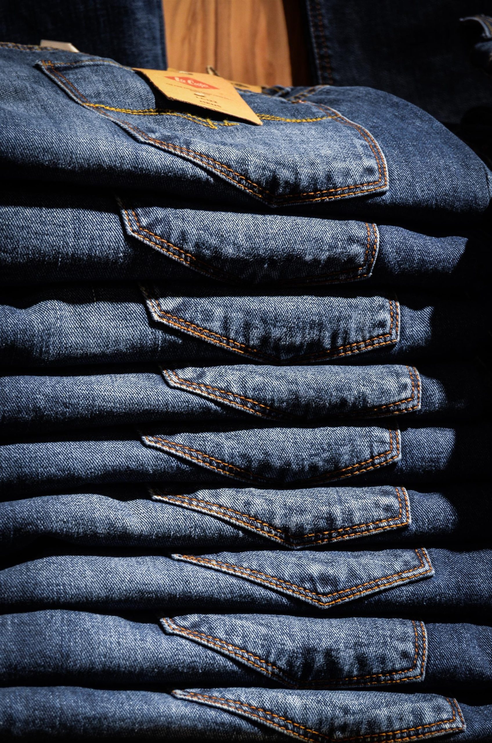 A bunch of blue jeans